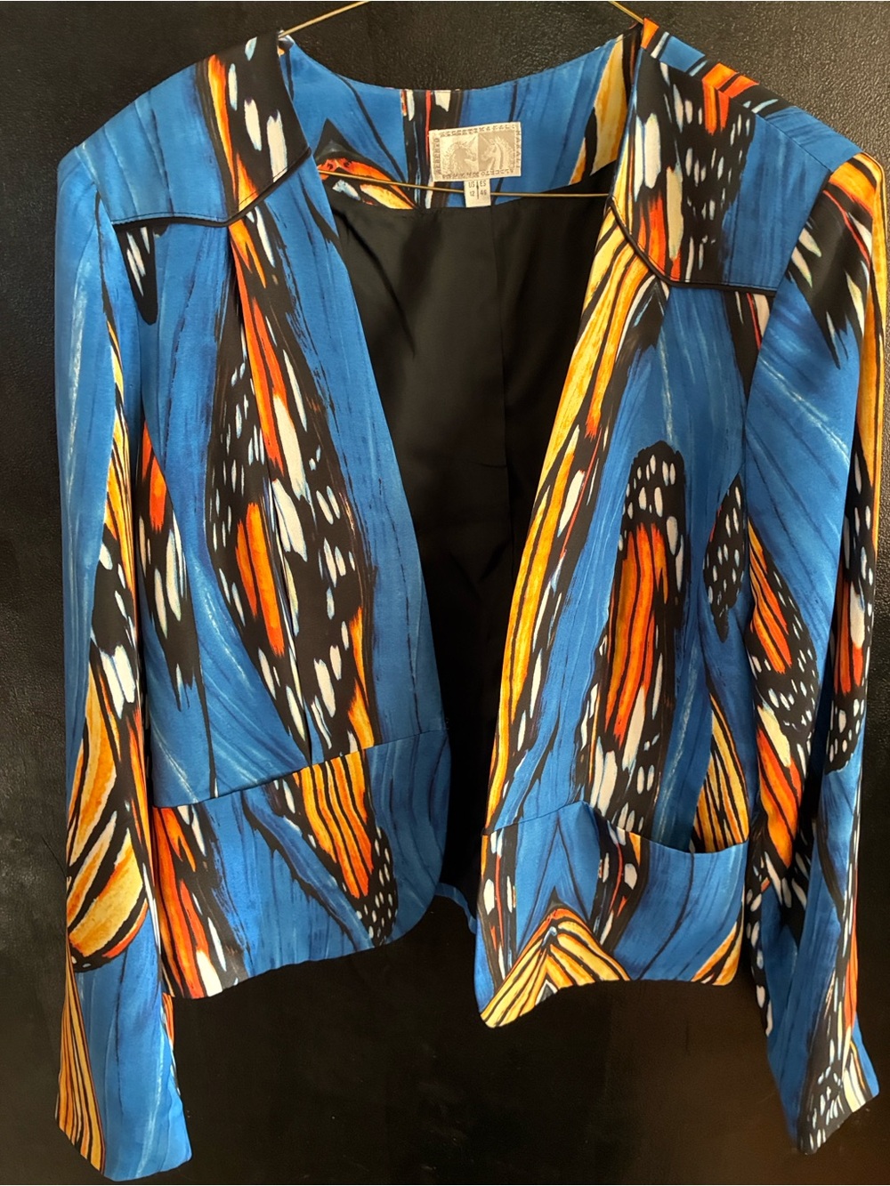 Alberto Makali Blue & Orange Butterfly Printed Open-Front Blazer